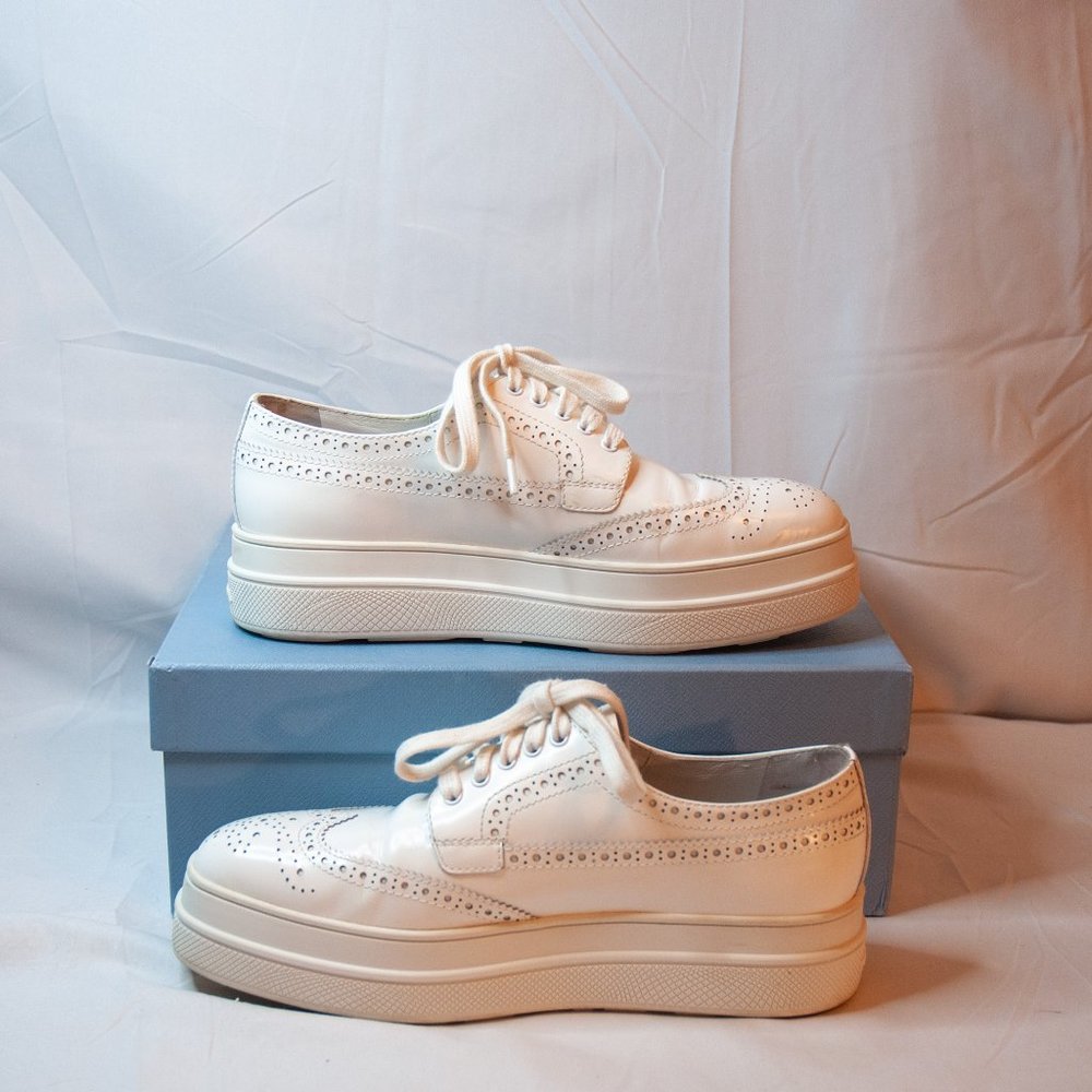 Prada White Leather Wingtip Oxfords - Picture 3 of 13